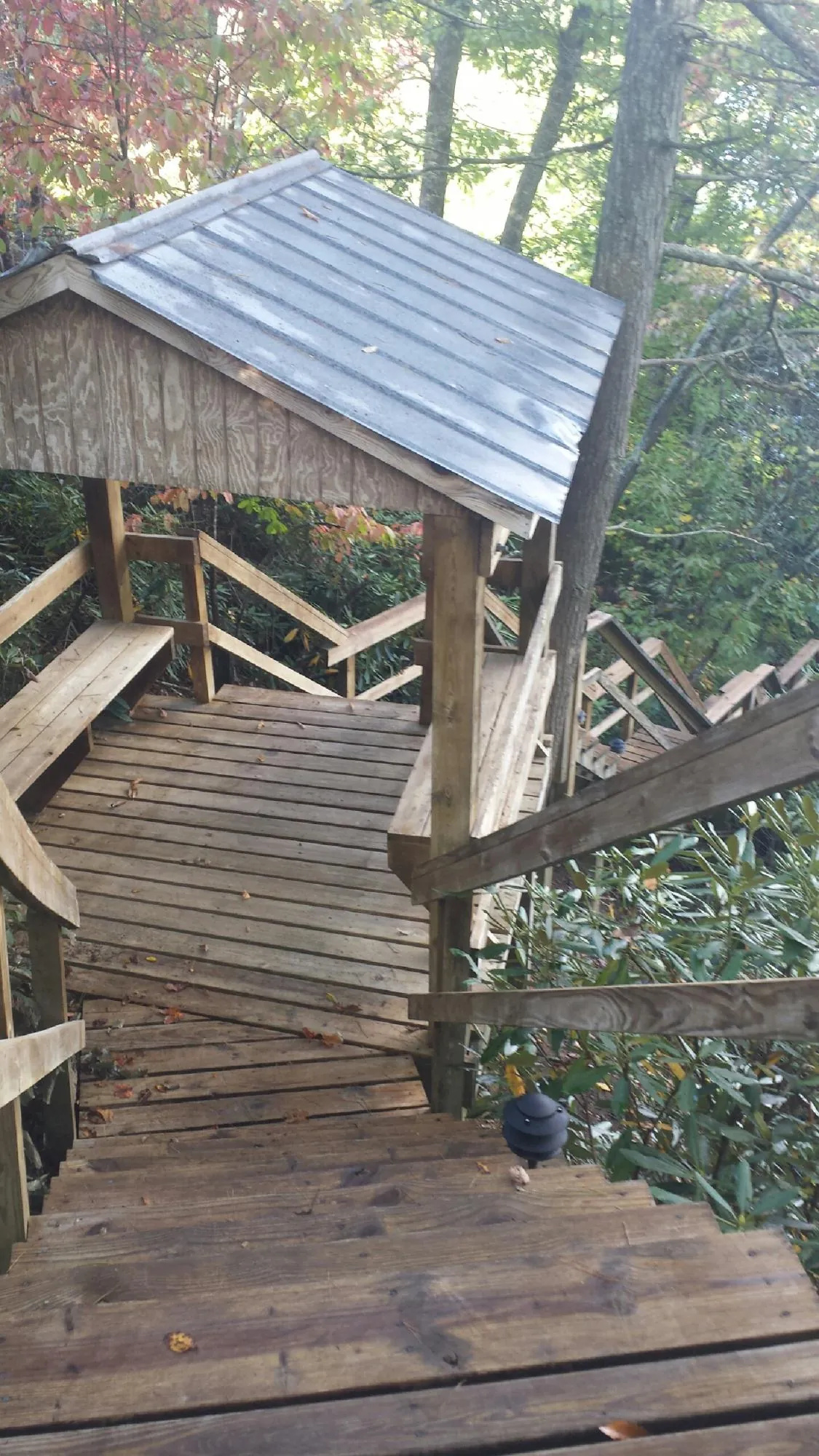 Metal roofed shelter over wooden steps on a wooded walkway — Skylight Repair & Installation work by our crew in Elizabeth City